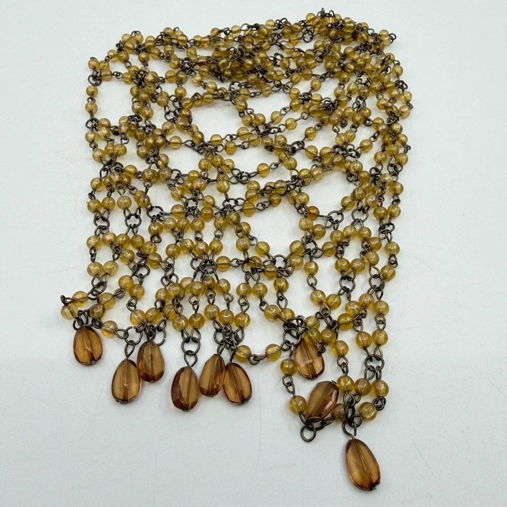 Necklace Vintage Amber Bronze Beaded Mesh Bib Teardrop Fringe Statement